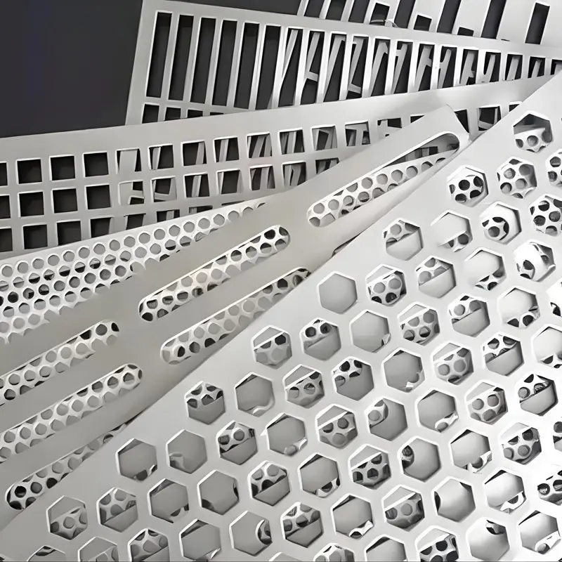 Close-up of perforated metal sheet showcasing precise punching process and smooth edges