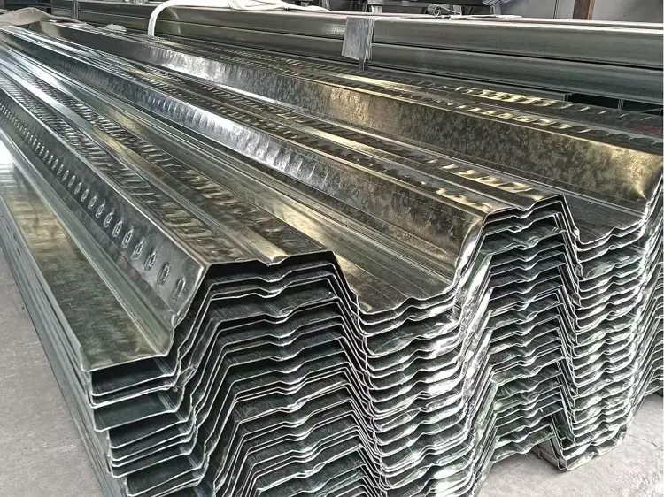 Corrugated metal floor decking panels for construction use
